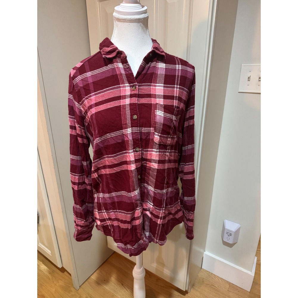 Hollister Plaid Flannel Shirt Womens Size S Button Down Stretch Burgundy Pink